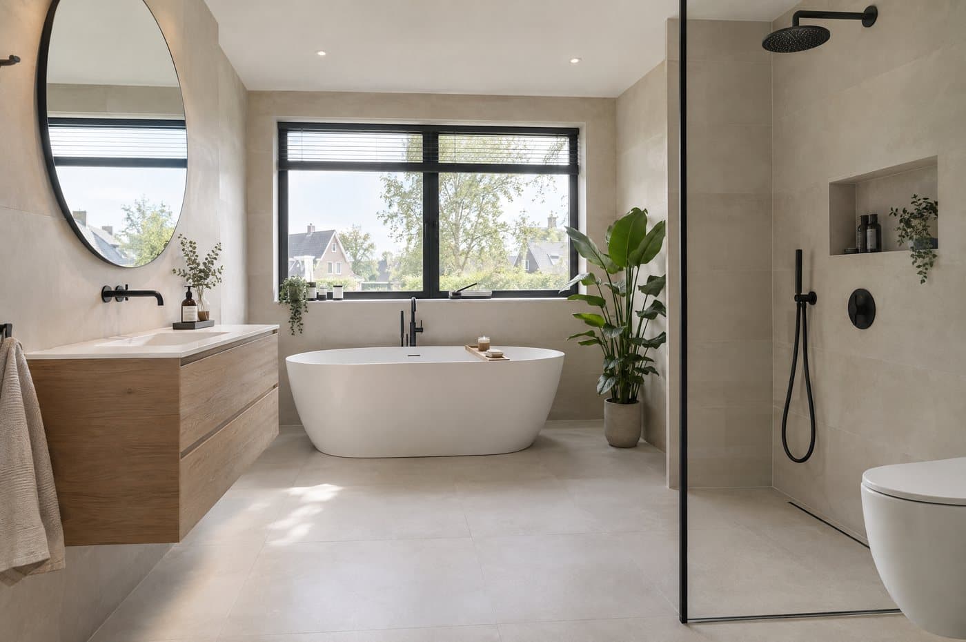 Lichte, gerenoveerde badkamer met vrijstaand bad en groot raam